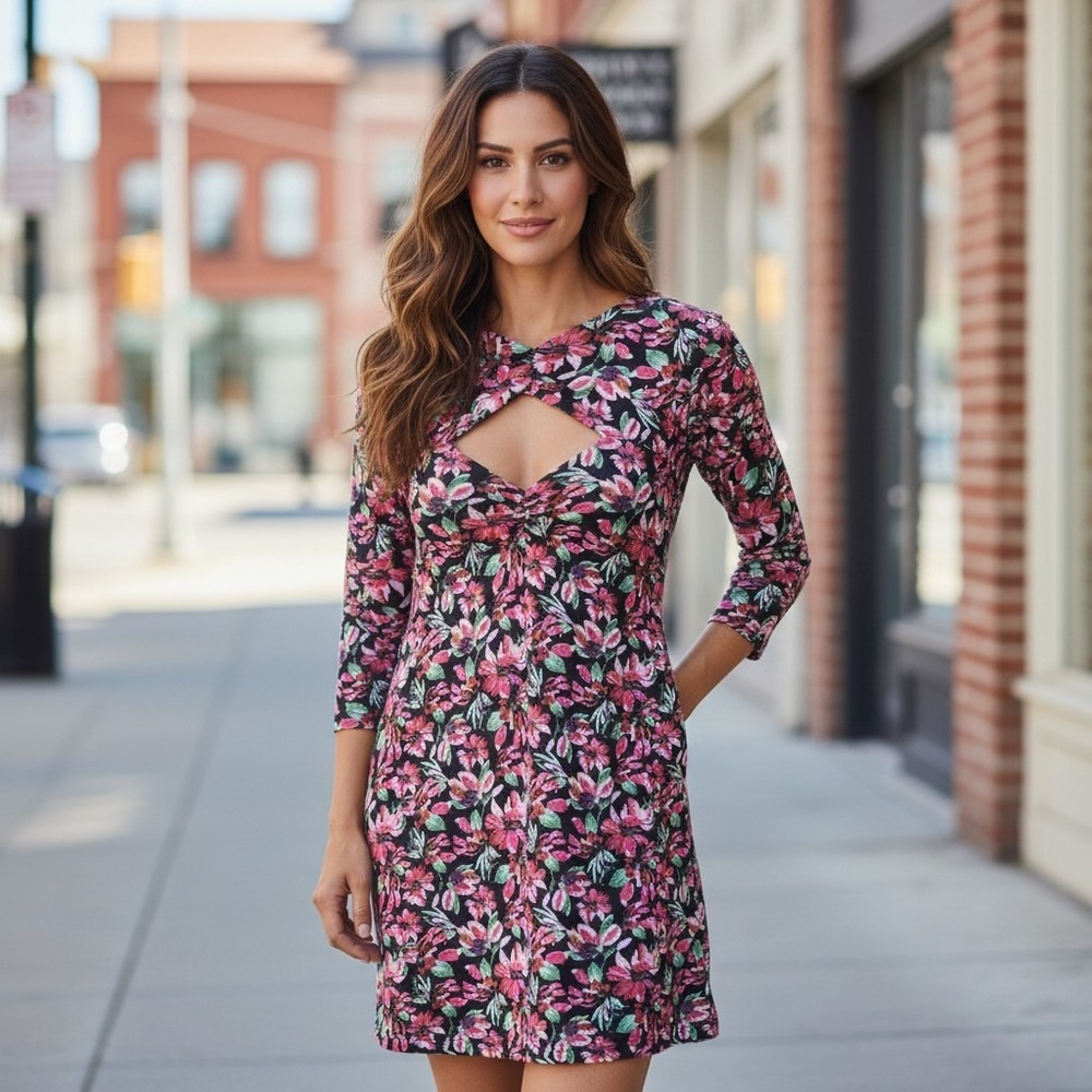 Guess Los Angeles Pink Black Floral Twist Cutout Open Back Bodycon Dress XL